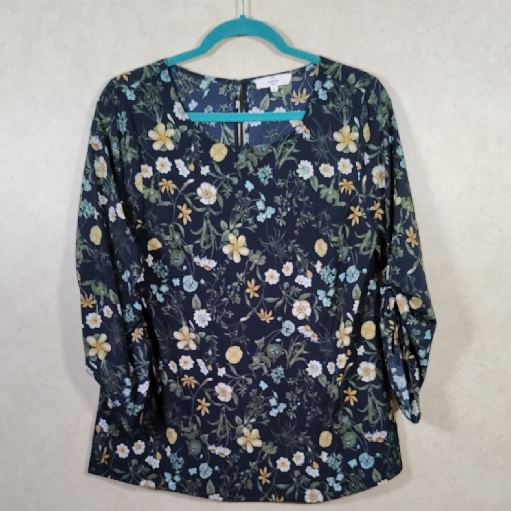 4093 Entro navy w/yellow & aqua floral print blouse S